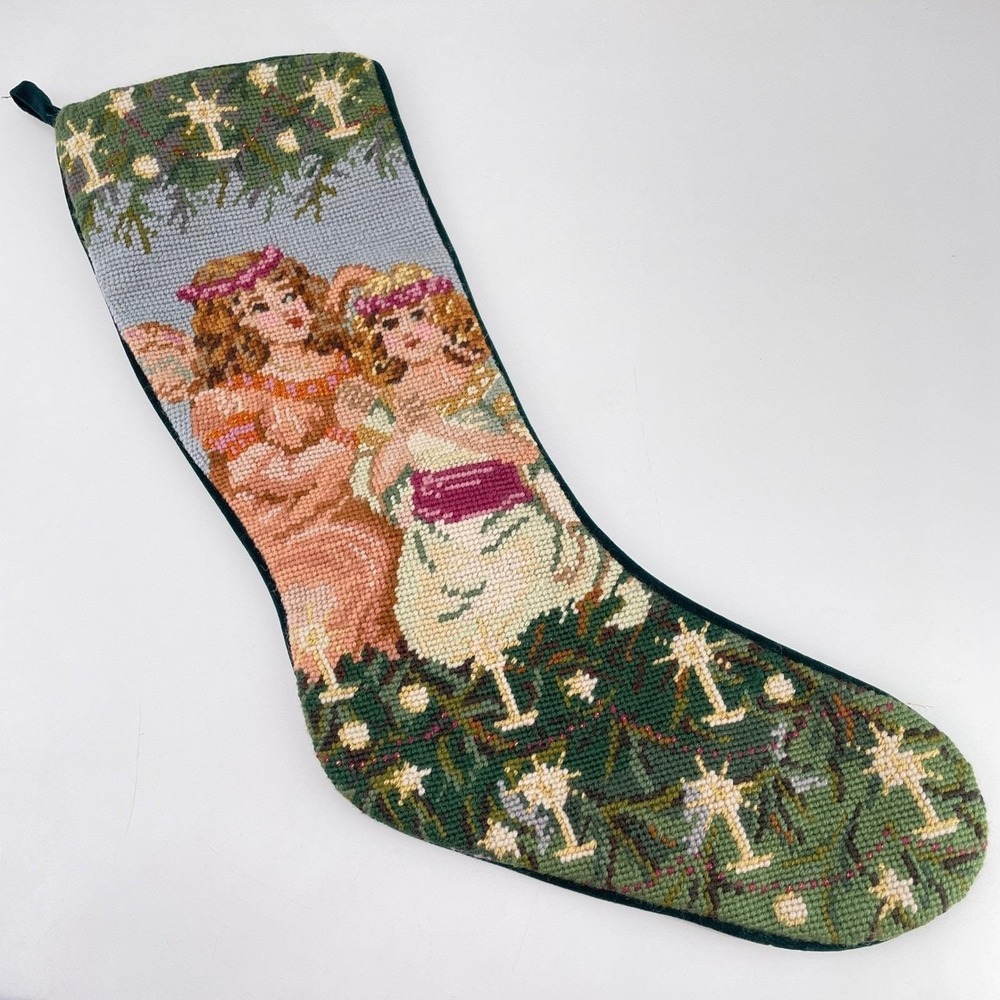 Needlepoint Christmas Stocking Angels Candles Wool Velvet Green 21 In